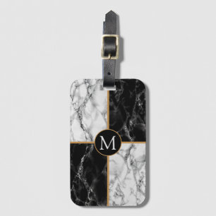 Monogram Luggage Tag Black White Check Marble