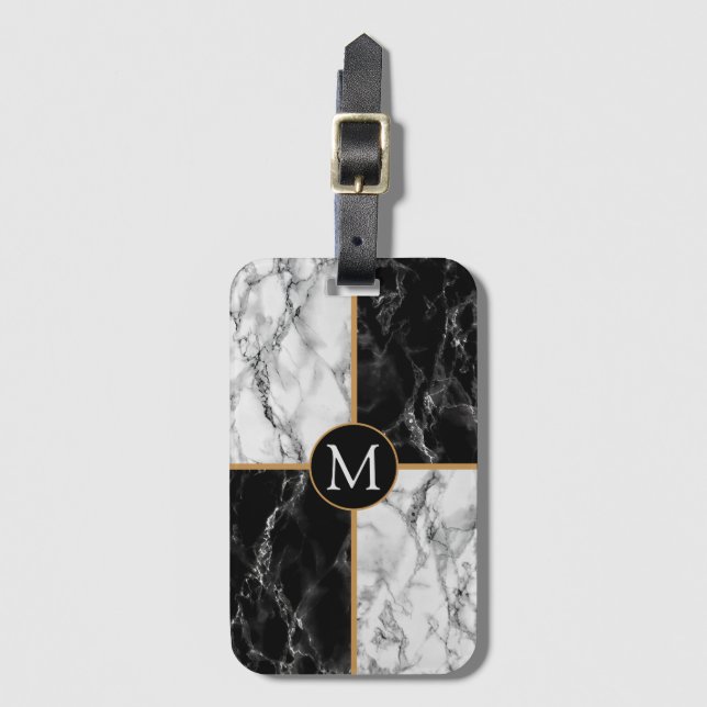 Monogram Luggage Tag Black White Check Marble (Front Vertical)