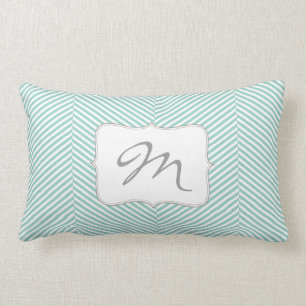Monogram lumbar pillow - aqua herringbone pattern