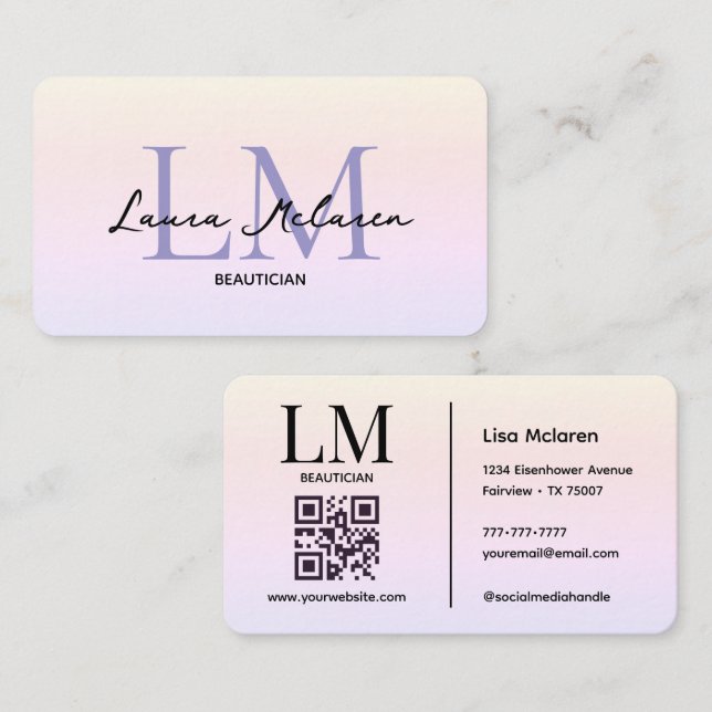 Monogram Luxe Aesthetics Pastel Hues QR Code  Business Card (Front/Back)