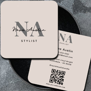 Monogram Luxe Trendy Aesthetic Blush Pink QR Code Square Business Card
