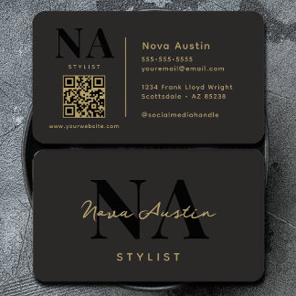Monogram Luxe Trendy Aesthetic Gold Black QR Code Business Card