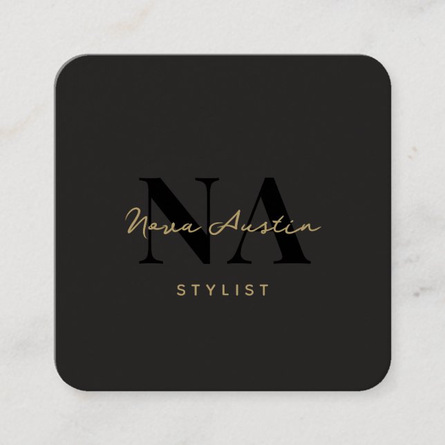 Monogram Luxe Trendy Aesthetic Gold Black QR Code Square Business Card (Front)