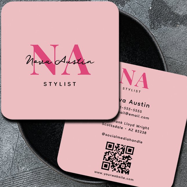 Monogram Luxe Trendy Aesthetic Hot Pink QR Code Square Business Card (Creator Uploaded)