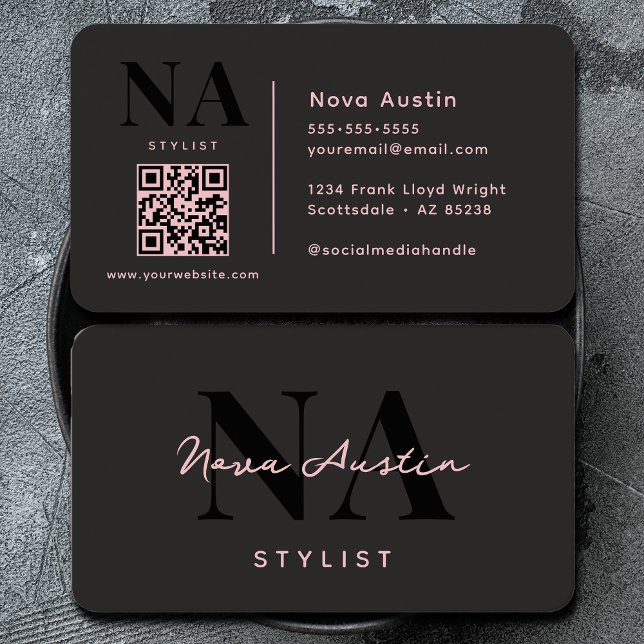 Monogram Luxe Trendy Aesthetic Pink Black QR Code Business Card (Creator Uploaded)
