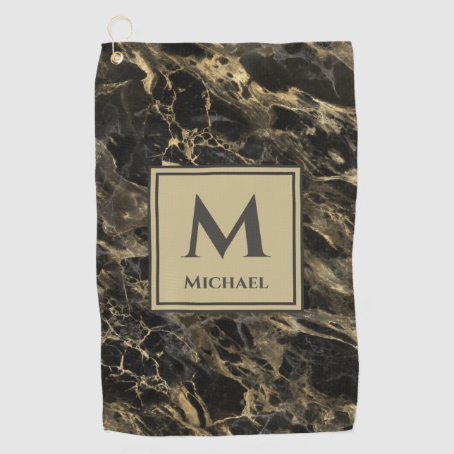 Monogram Luxury  Black and Gold  Marble Golf Towel (Front)