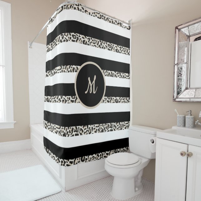 Monogram Luxury Black and Rose Gold Shower Curtain (In Situ)