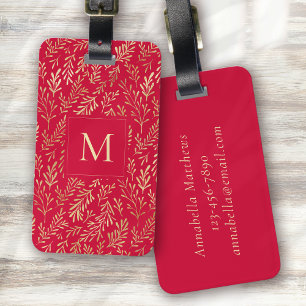 Monogram Luxury Red Gold Leaf Pattern Festive Luggage Tag