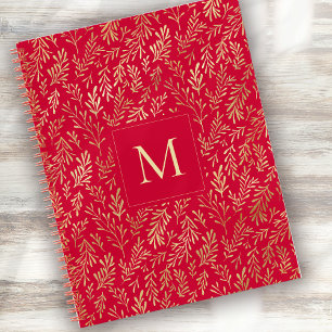 Monogram Luxury Red Gold Leaf Pattern Festive Notebook