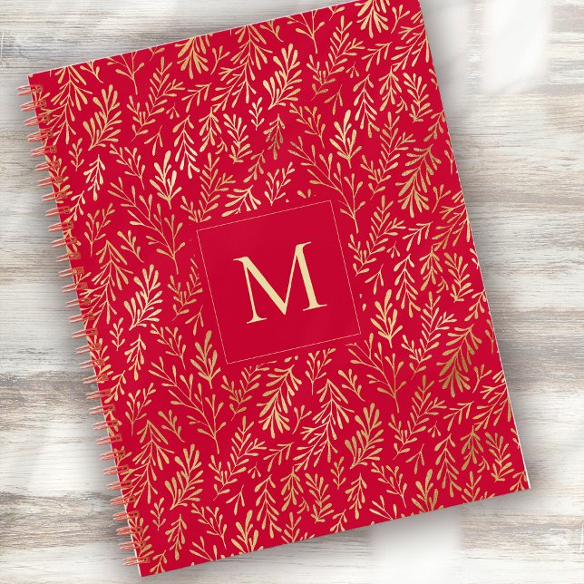 Monogram Luxury Red Gold Leaf Pattern Festive Notebook (Creator Uploaded)