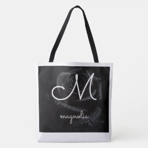 Monogram M Black Rose Magnolia Water Droplets Flor Tote Bag