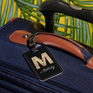 Monogram M black wood letter flower Luggage Tag
