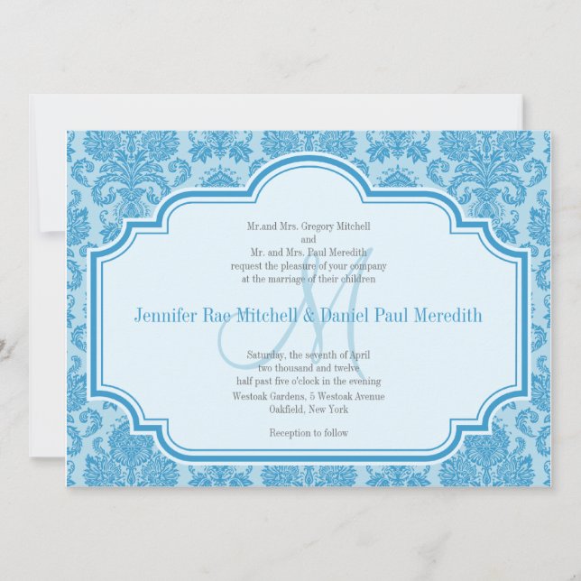 Monogram M Blue Damask Wedding Invitations (Front)