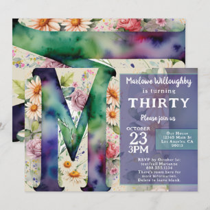 Monogram M Colorful Watercolor Flowers Birthday  Invitation