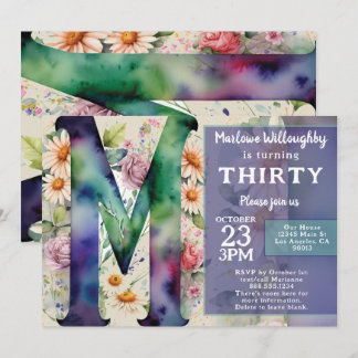 Monogram M Colourful Watercolor Flowers Birthday Invitation