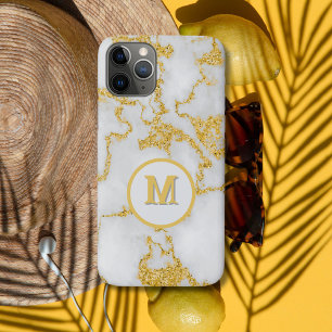 Monogram M Elegant White & Gold Marble Pattern iPhone 11 Pro Case