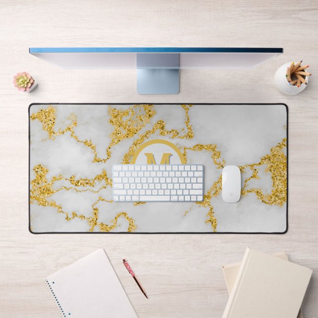  Monogram M Elegant White & Gold Marble Pattern Desk Mat (Creator Uploaded)