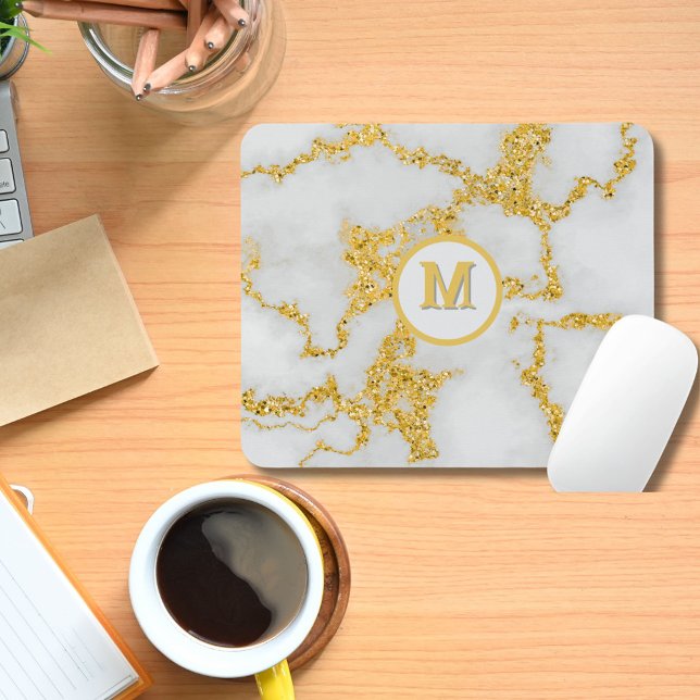  Monogram M Elegant White & Gold Marble Pattern Mouse Mat (Creator Uploaded)
