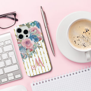 Monogram M Glam Gold Stripes Pink Aqua Roses iPhone 15 Pro Max Case