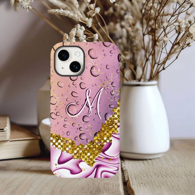 Monogram M Gold Glitter Pink Fantasy Rain Droplets Case-Mate iPhone Case (Creator Uploaded)