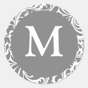 Monogram M Grey Grey Customisable Wedding Monogram Classic Round Sticker