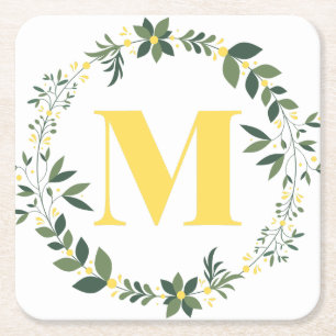 Monogram M in Gold/Lemon with Floral Ring Square Paper Coaster
