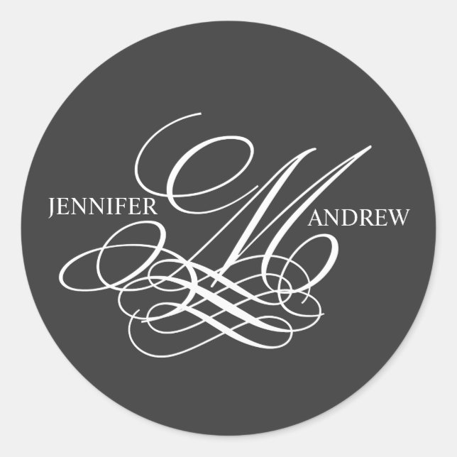 Monogram M Logo Names Wedding Stickers Charcoal (Front)