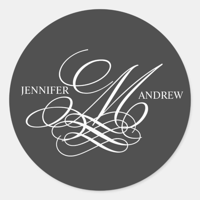 Monogram M Logo Names Wedding Stickers Charcoal (Front)