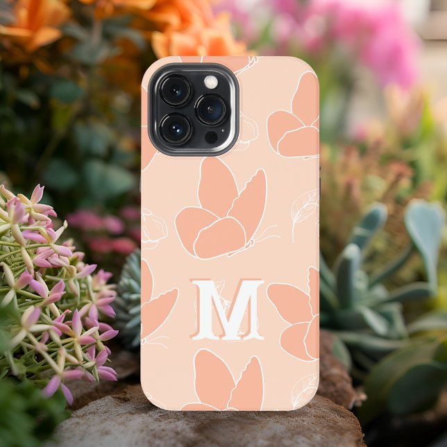 Monogram M Modern Apricot Peach Butterfly Pattern iPhone Case (Creator Uploaded)
