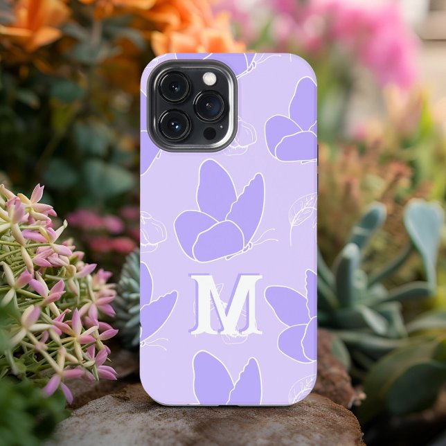 Monogram M Modern Blue Lilac Butterfly Pattern iPhone Case (Creator Uploaded)