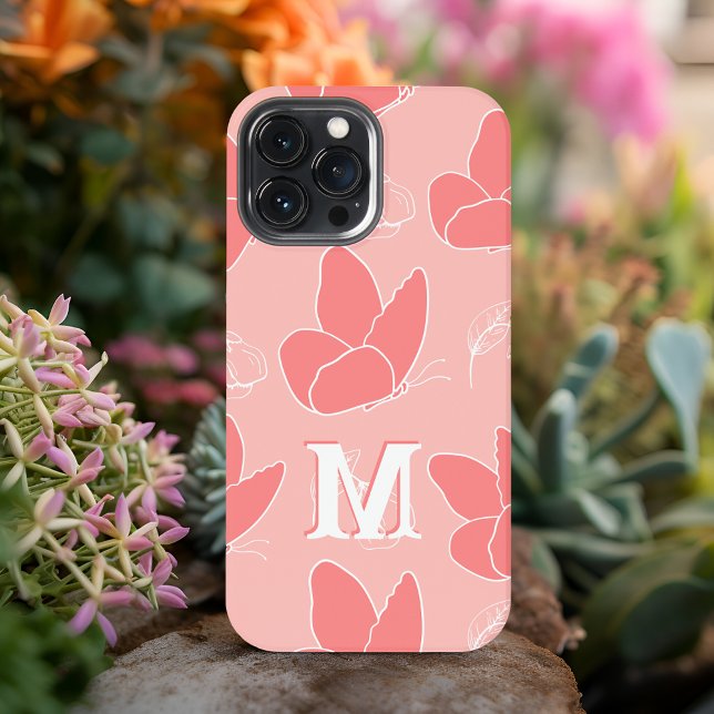 Monogram M Modern Coral Pink Butterfly Pattern iPhone Case (Creator Uploaded)