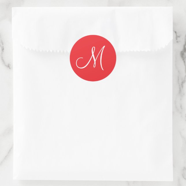 MONOGRAM M, Red and White, Classic Round Sticker (Bag)
