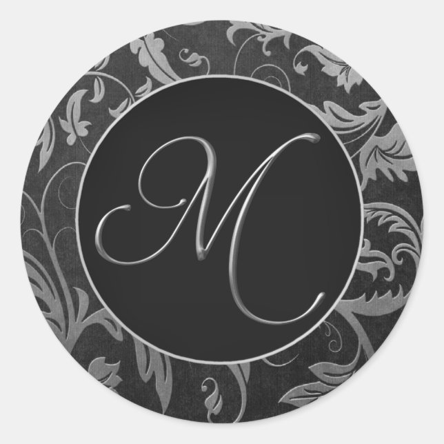 Monogram M Silver and Black Damask Wedding Seal (Front)