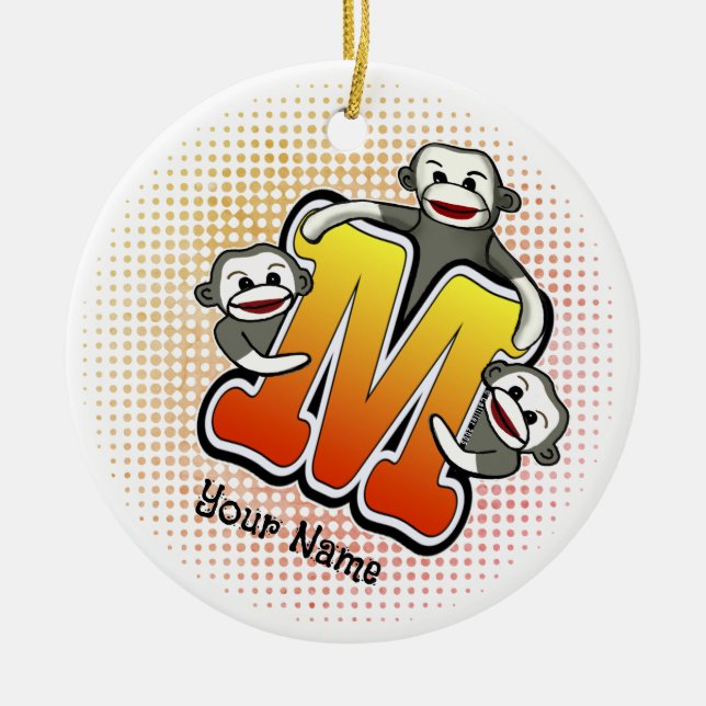 Monogram M Sock Monkey  Ceramic Tree Decoration (Front)