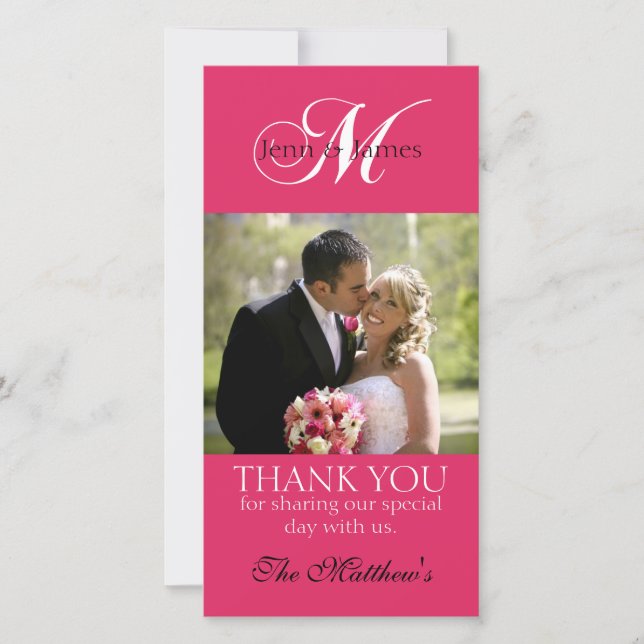 Monogram M Wedding Thank You Photo Cards Fuchsia (Front)