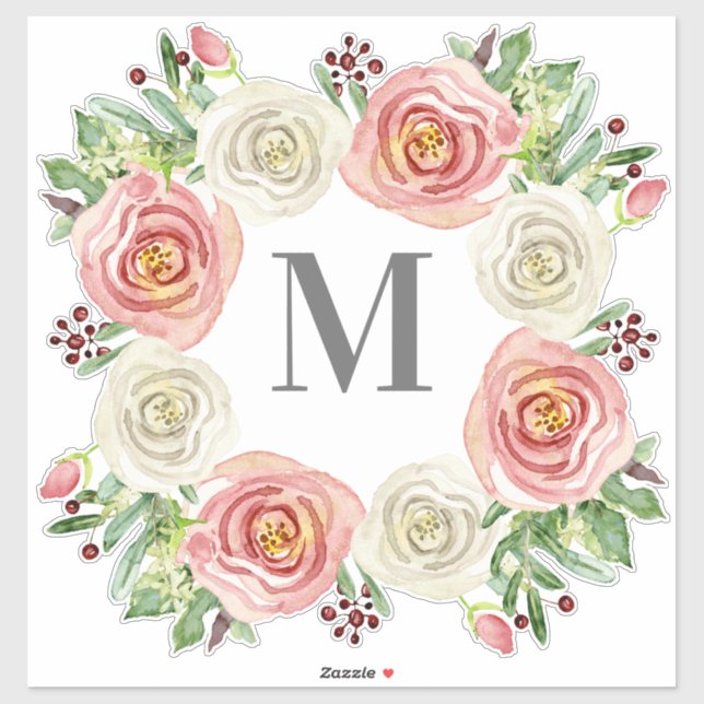 Monogram M Wedding Watercolor Rose Floral Wreath (Sheet)