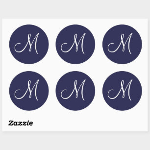 Monogram M White on Navy Blue, Classic Round Sticker