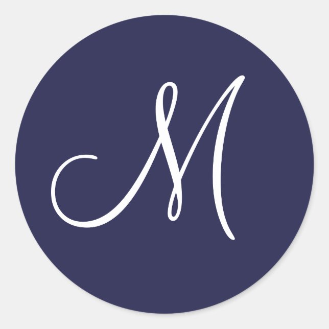 Monogram M White on Navy Blue, Classic Round Sticker (Front)