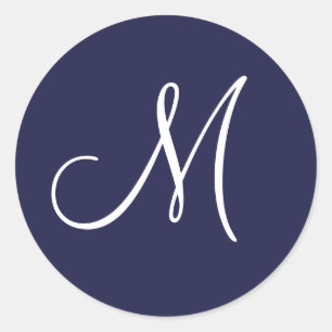 Monogram M White on Navy Blue, Classic Round Sticker