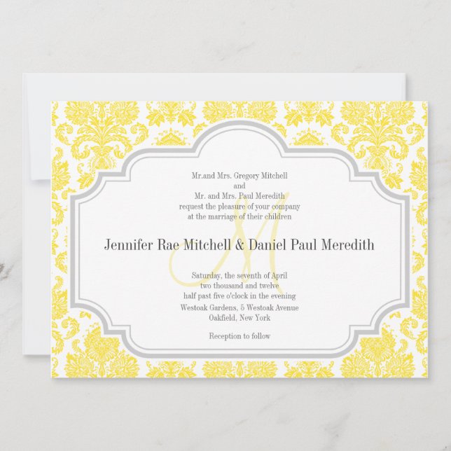 Monogram M Yellow  Damask Wedding Invitations (Front)