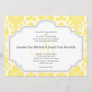 Monogram M Yellow Damask Wedding Invitations