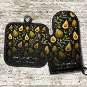 Monogram Made with Love Avocado Pattern Black Oven Mitt & Pot Holder Set