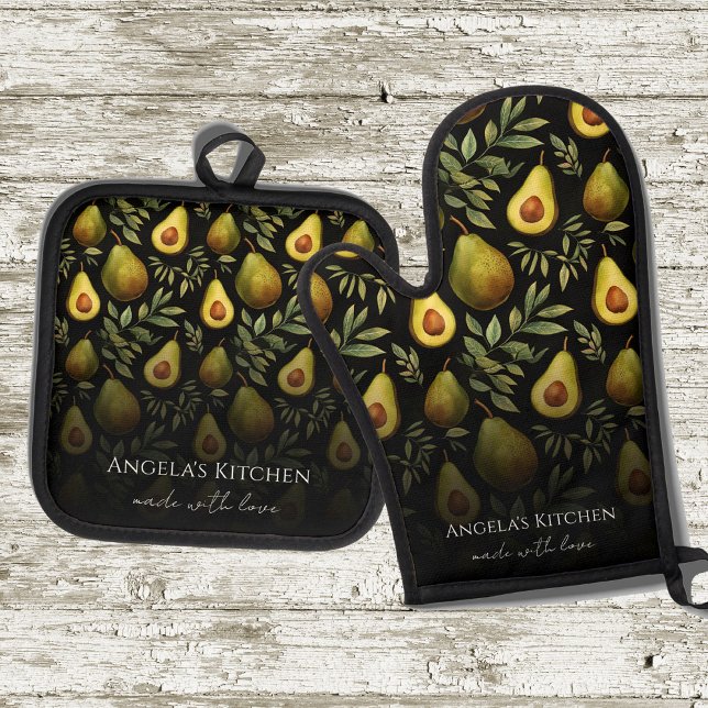 Monogram Made with Love Avocado Pattern Black Oven Mitt & Pot Holder Set (Creator Uploaded)