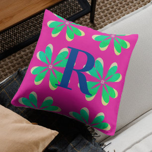 Monogram Magenta Emerald Green Retro Flower Cushion