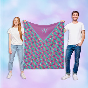 Monogram Magenta Purple Pink Teal Mermaid Scales Fleece Blanket
