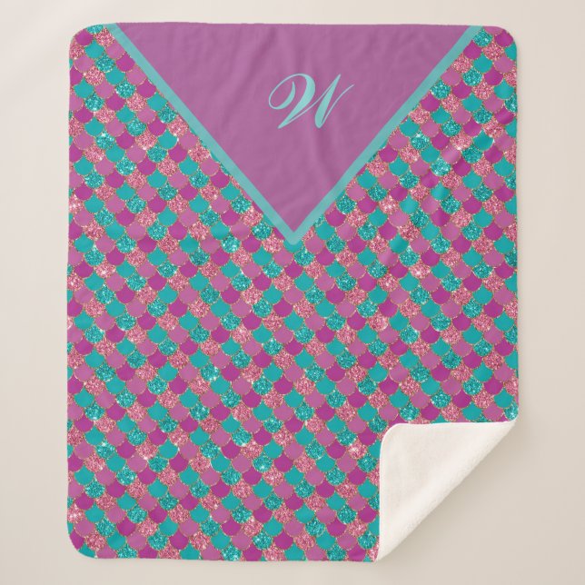 Monogram Magenta Purple Pink Teal Mermaid Scales Sherpa Blanket (Front)