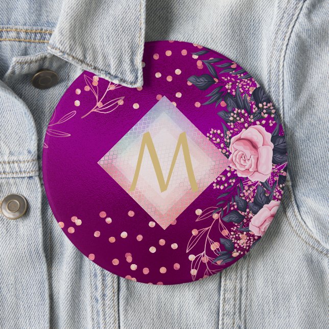 Monogram Magenta Rosegold Pink Metallic Glitter 6 Cm Round Badge (In Situ)