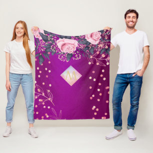 Monogram Magenta Rosegold Pink Metallic Glitter Fleece Blanket