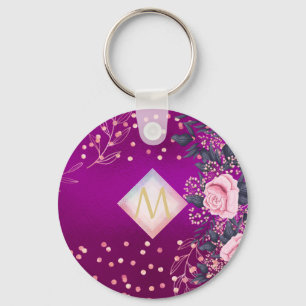 Monogram Magenta Rosegold Pink Metallic Glitter Key Ring
