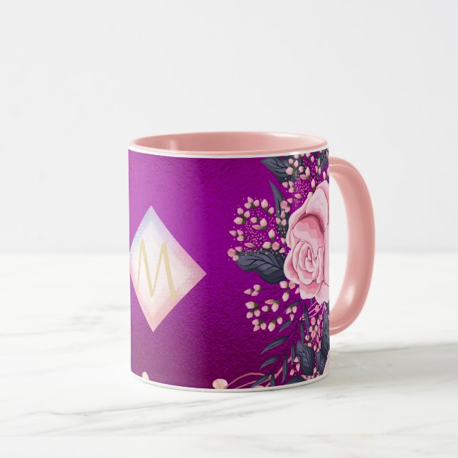 Monogram Magenta Rosegold Pink Metallic Glitter Mug (Front Right)